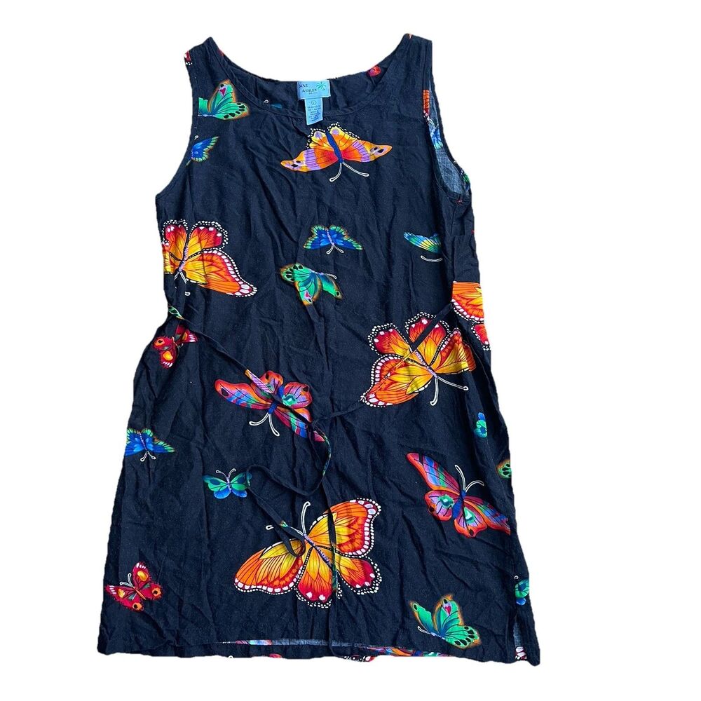 Vintage Jane Ashley Women’s Dress Size Large Butterfly Slit Shift Black 90s